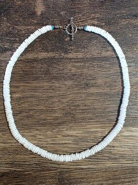 Artisanal Smooth Sterling Silver White Heishi Puka Shell Necklace 18.5 Turquoise